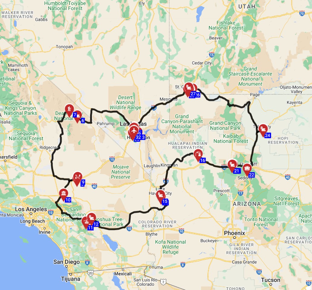 Map for Las Vegas Round Trip - Southwest Sojourn Nature and Nostalgia
